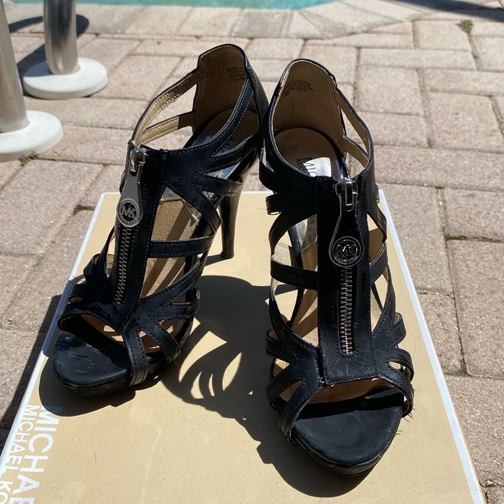 Michael Kors Super High Heel Black Patent Leather Strappy Sandals